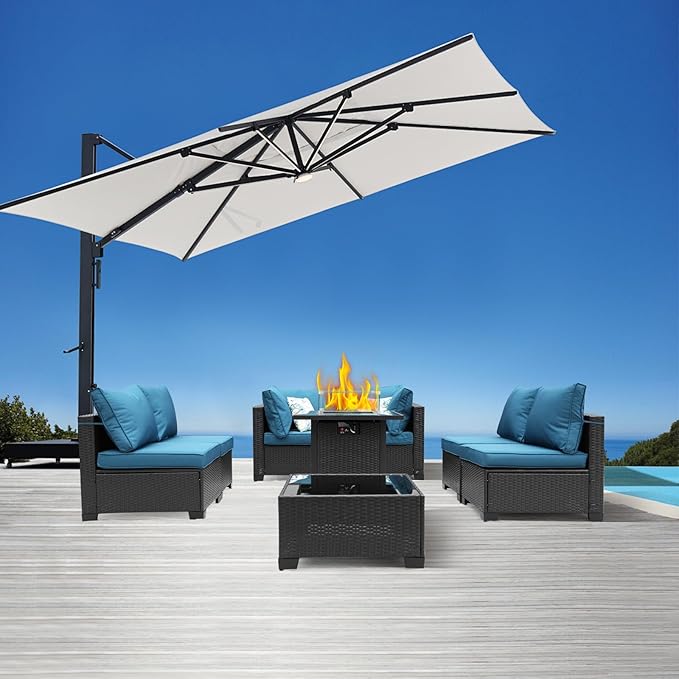8 Pieces Patio Furniture Set with 28" Fire Pit Table, Wicker Outdoor Sectional Couch, Rattan Conversation Set for Backyard, Deck, Garden Lawn, Coffee/Peacock Blue