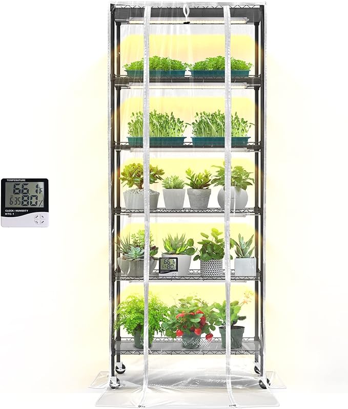 Bstrip Indoor Greenhouse with Grow Light, DIY Plant Shelf with Cover, 6 Tier Plant Stand, 5 Pack 150W Full Spectrum Grow Lights with 3 Color Mode For Indoor Plants, Seed Starting, 29.5"L×13.8"W×71"H