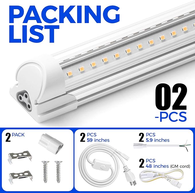 Barrina LED Shop Light 2FT, 20W 3000LM 3000K, Clear Cover Linkable LED Tube Lights, V Shape Integrated T8 LED Lighting, LED Ceiling Lights for Garage, Warehouse, Workshop, ETL Listed, 2 Packs