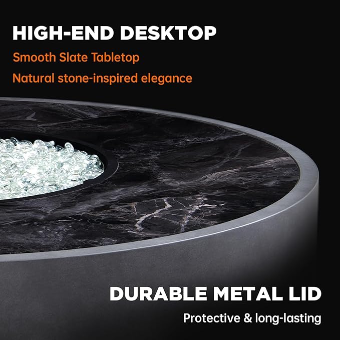 42 Inch Fire Pit Table, Outdoor Propane Fire Pit Table 2 in 1 65,000 BTU Round Gas Firepit, w/Lid, Wind Guard, Glass Rocks, Cover, for Garden, Patio, Grey