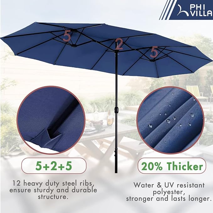 PHI VILLA 7 Piece Outdoor Dining Set with Umbrella, 60” Rectangular Metal Dining Table & 6 Cushioned Rattan Wicker Chairs & 13ft Large Blue Umbrella for Patio, Deck, Yard, Porch
