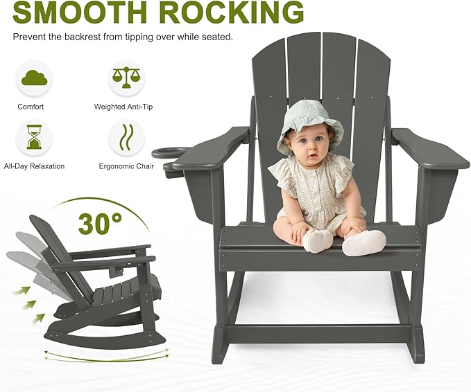 Outdoor Rocking Chair, HDPE Poly All-Weather Patio Rocking Chairs with Cup Holder for Adults, Porch Rocker for Deck Patio Balcony, 440lbs, Black