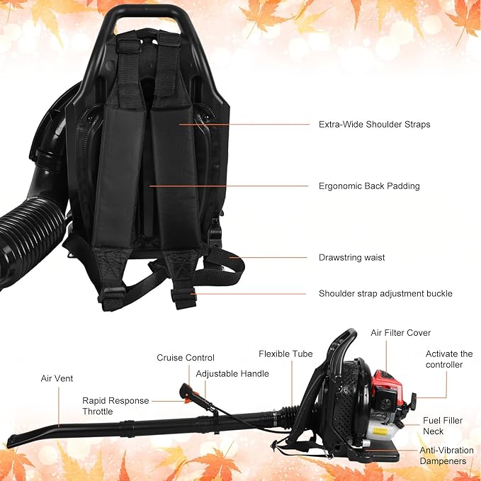 Backpack Leaf Blower, 63cc Backpack Blower, 700 CFM/200 MPH, for Wet Leaf & Debris Clean & Snow Removal