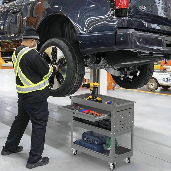 3 Tray Rolling Tool Cart, 400 LBS Capacity Mechanic Tool Carts on Wheels, Heavy Duty Utility Cart with Drawers, Metal Work Cart for Garage, Warehouse and Repair Shop, Grey