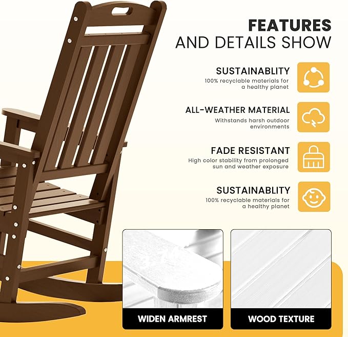 LOUNZY Outdoor Rocking Chair, HDPE Patio Rocking Chair with Footboard for Adults, All Weather Heavy Duty Front Porch Rocker, Brown