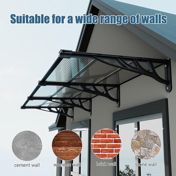 Door Awning Window Canopy, Modular Spliced Awnings for Outside,Porch,Patio,Deck,Polycarbonate Sheet,UV, Rain, and Snow Protection (Brown Board & Black Bracket, 35 * 48'')