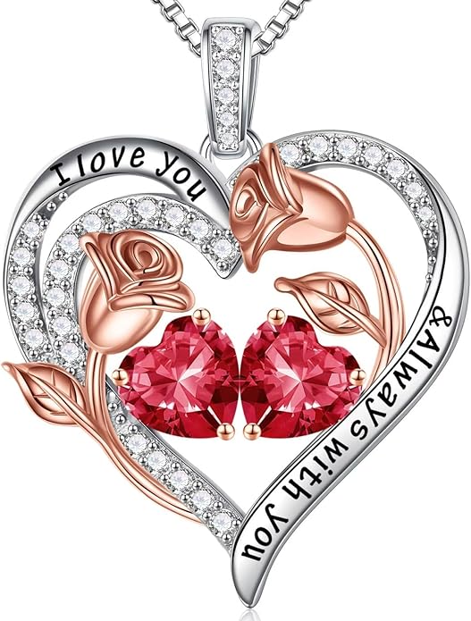 Iefil Christmas Gifts for Women Wife - 925 Sterling Silver Rose Heart Birthstone Necklace Birthday Anniversary Jewelry Gifts for Her Wife Mom Daughter