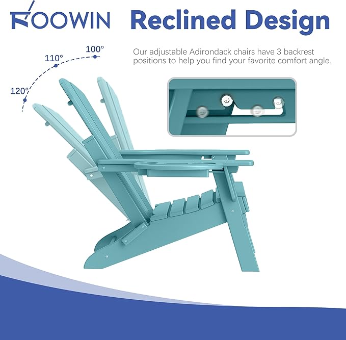 FOOWIN Folding Adjustable Adirondack Chair,HDPE Adirondack Chair w/4 in 1 Cup Holder Trays,All-Weather Resistant Fire Pit Chair, Outdoor Chair for Patio Lawn Poolside,400lbs,Lake Blue