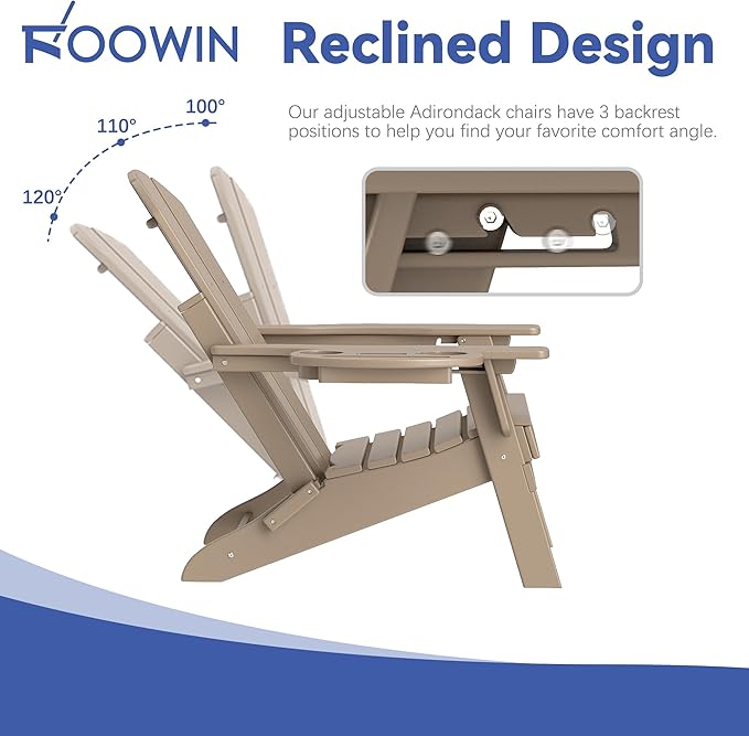 FOOWIN Folding Adjustable Adirondack Chair Set of 8,HDPE Adirondack Chair w/4 in 1 Cup Holder Trays,All-Weather Resistant Fire Pit Chair, Outdoor Chair for Patio Lawn Poolside,400lbs,Brown