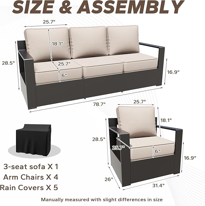 Aluminum Outdoor Conversation Furniture Set with Furniture Covers & 6" Cushions- Patio 79" Sofa with 4 Chairs & 63" Steel Propane Fireplace, 50,000 BTU Fire Pit with CSA Certified (Grey)