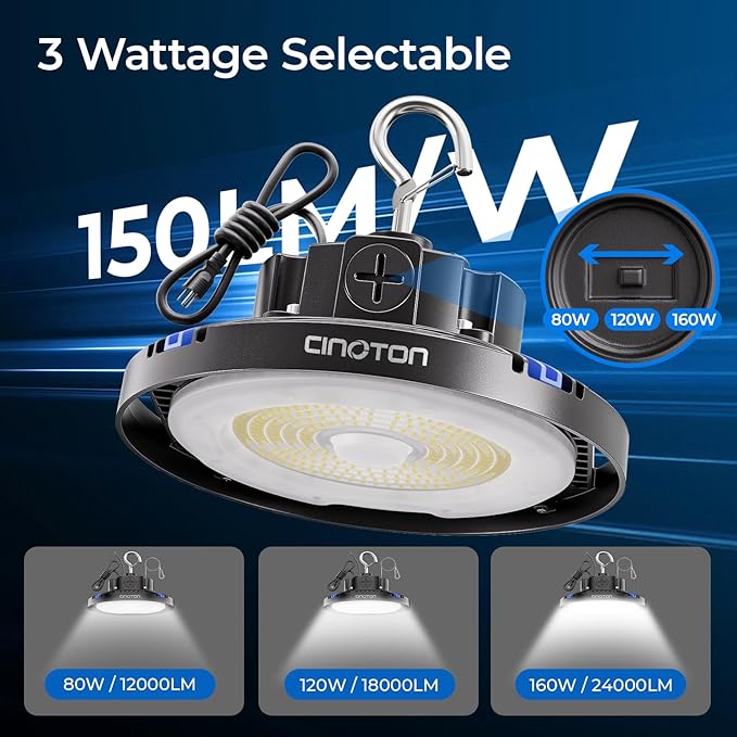 CINOTON UFO LED High Bay Light, 160W/120W/80W Switchable, AC100-277V LED Shop Lights with US Plug, 24000LM Dimmable 0-10V Commercial Bay Lighting for Garage Workshop 5000K Daylight-UL Listed, 1 Pack