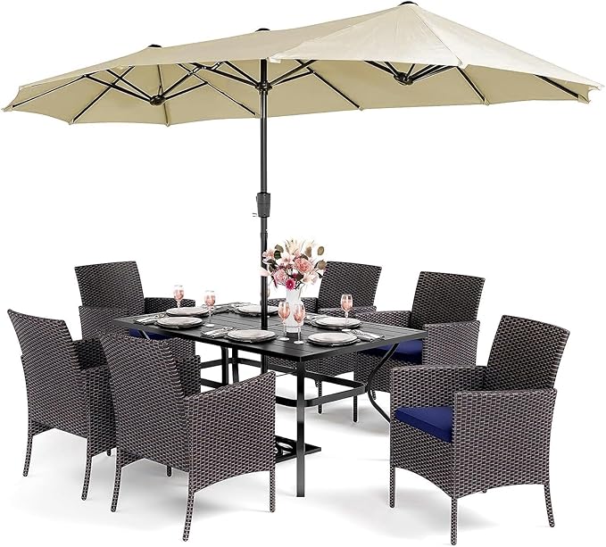 PHI VILLA 7 Piece Outdoor Dining Set with Umbrella, 60” Rectangular Metal Dining Table & 6 Cushioned Rattan Wicker Chairs & 13ft Large Beige Umbrella for Patio, Deck, Yard, Porch