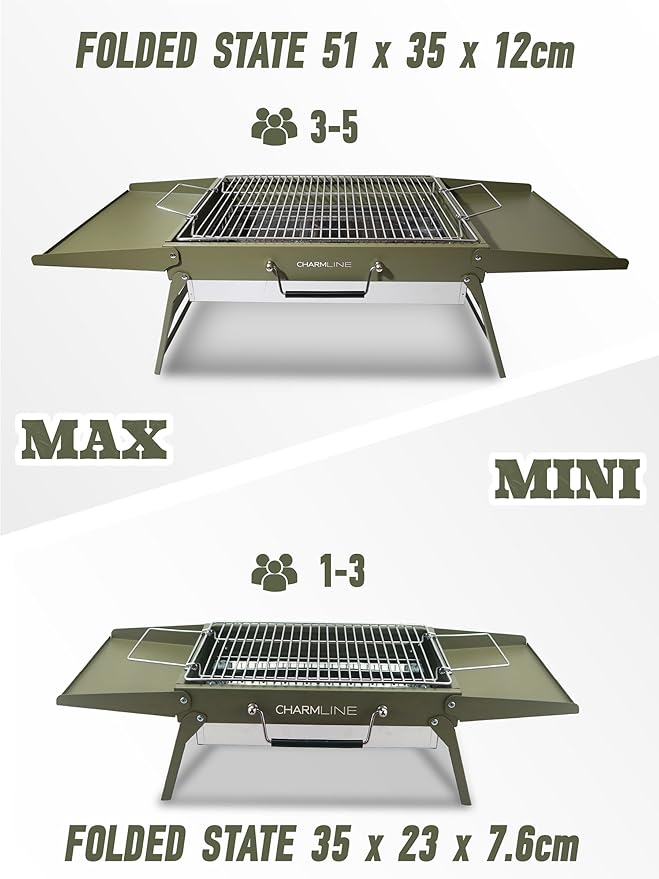 Charmline 14x9 inches Small Portable Charcoal Grill, Compact Portable BBQ Grill, Tabletop Charcoal Grills for Camping, Picnics, Gardens and Beach Parties, Green
