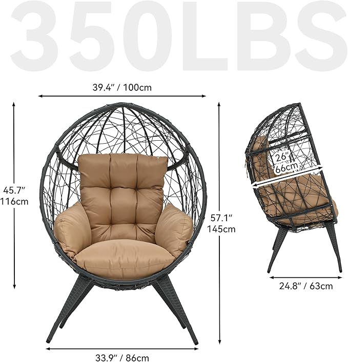 YITAHOME Large Wicker Egg Chair with Stand for Indoor and Outdoor, Cushion, and Adjustable Leveling Feet, Large Lounger for Garden, Patio, Balcony, Backyard,Supports up to 330lbs, Beige