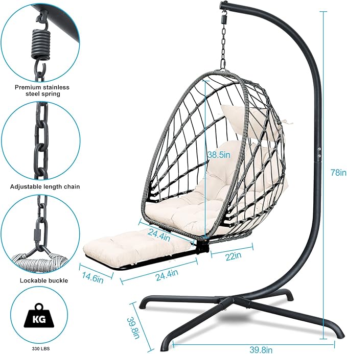 Hanging Egg Chair with Leg Rest and Stand – Rattan Wicker Swing Hammock Chair, UV-Resistant Cushion, Heavy-Duty Frame for Indoor & Outdoor Patio, Bedroom, Balcony, Garden – 330 lbs Capacity(Beige)