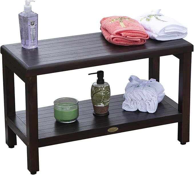 DecoTeak Eleganto 30 Inch Brown Waterproof Teak Wood Shower Bench Stool Seat Chair for Inside Shower Storage Shelf Provides Safety, Storage, and Organization for Bathroom Accessories