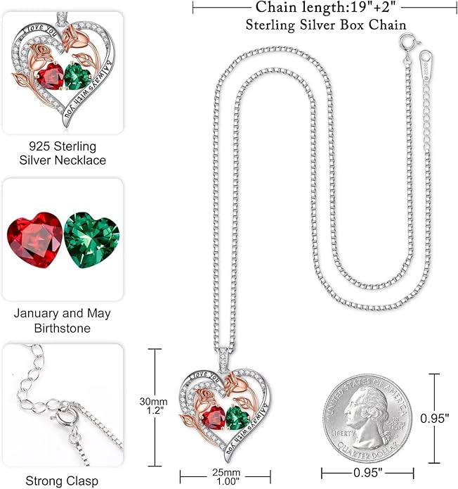 Iefil Christmas Gifts for Women Wife - 925 Sterling Silver Rose Heart Birthstone Necklace Birthday Anniversary Jewelry Gifts for Her Wife Mom Daughter