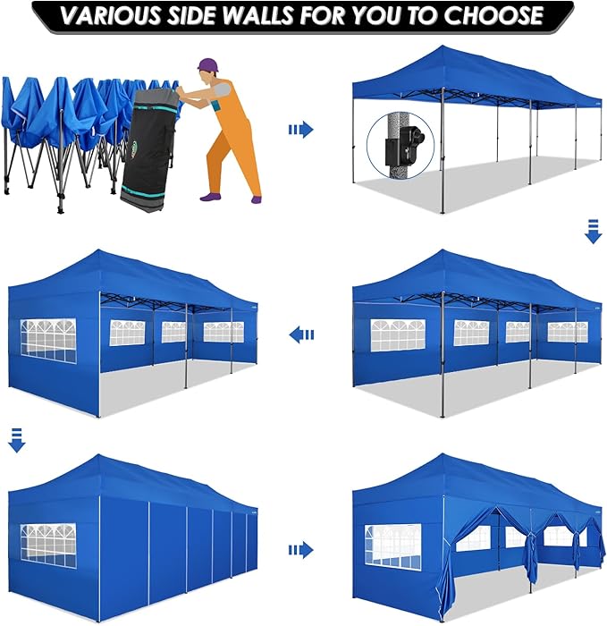 COBIZI 10x30 Heavy Duty Pop up Canopy with 8 sidewalls Stable Wedding Outdoor Tents for Parties Canopy Pop Up Party Tent UPF 50+ Waterproof Commercial Gazebo with Roller Bag, Blue(Windproof Upgraded)
