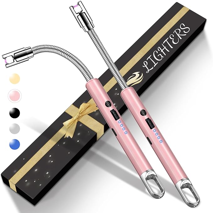 2 PCS Electric Lighter, Candle Lighter Arc Windproof Flame-Less with 360° Flexible Neck & LED Power Display, Type-C Rechargeable for BBQ, Grill, Camping, Fireplace, Stove