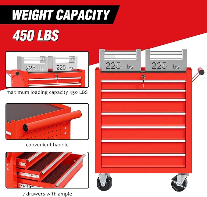 7 Drawers Tool Cart on Wheels, Multifunctional Rolling Storage Tool Chest,Drawers Rolling Tool Boxes Trolley Organizer Case for Garage,Warehouse,Workshop,Repair Shop (7 Drawers - Red)