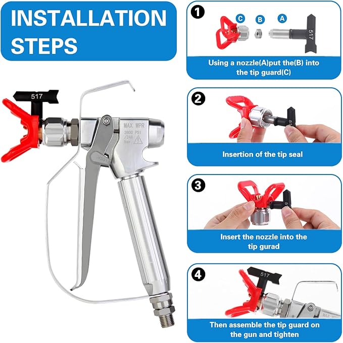 DUSICHIN Airless Paint Spray Gun 3600 PSI Swivel Joint for Graco Titan Airless Paint Sprayers Reversible 517 Nozzle Tip and Tip Guard 10 inches Extension Pole DUSG90