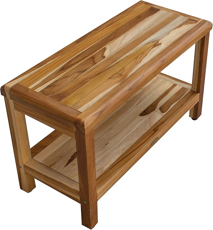 EcoDecors Eleganto 30 Inch Natural Color Waterproof Teak Wood Shower Bench Stool Seat Chair For Inside Shower Provides Safety, Storage, and Organization For Bathroom Accessories