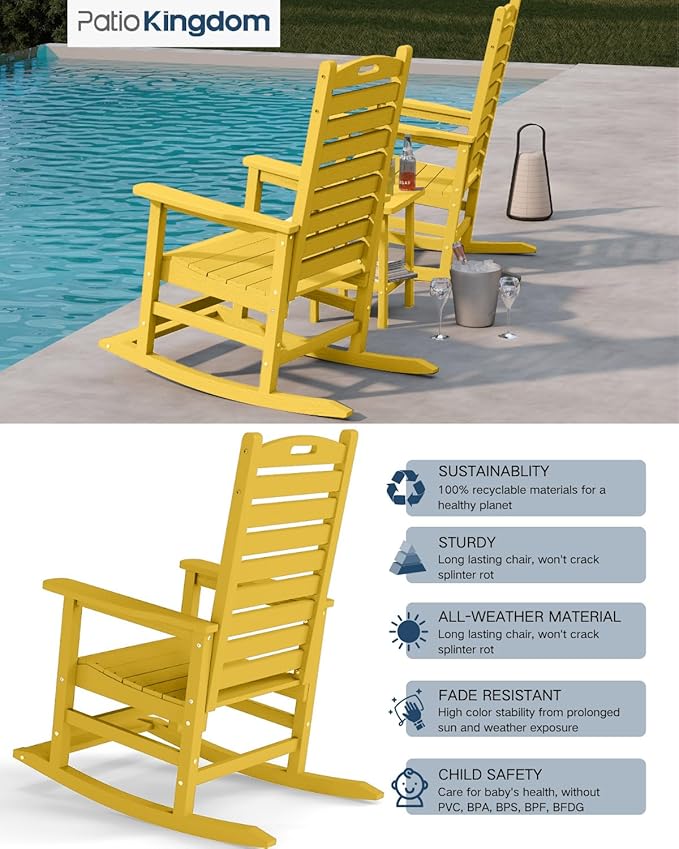 Outdoor Rocking Chairs Set of 2 with Footrest & Side Table, HDPE Modern Rocking Lawn Chair for Garden, Poolside, Deck (Yellow)