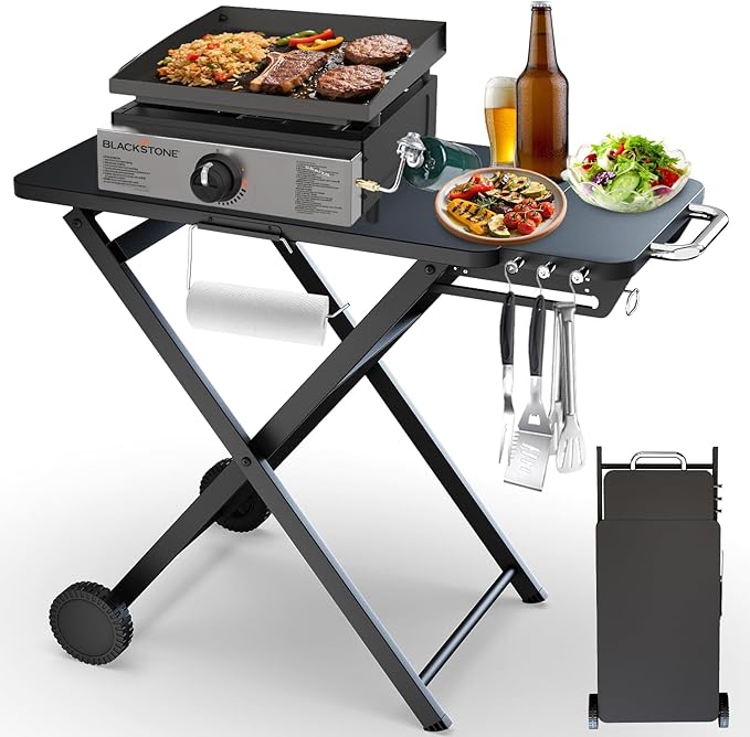 Upgraded Gril Table Stand for Blackstone 17” & 22” Griddle, Ninja Woodfire Outdoor Grills, Ooni Pizza Oven, 34"x20" Foldable Grill Cart with Wheels and Handle for Camping & Backyard BBQ