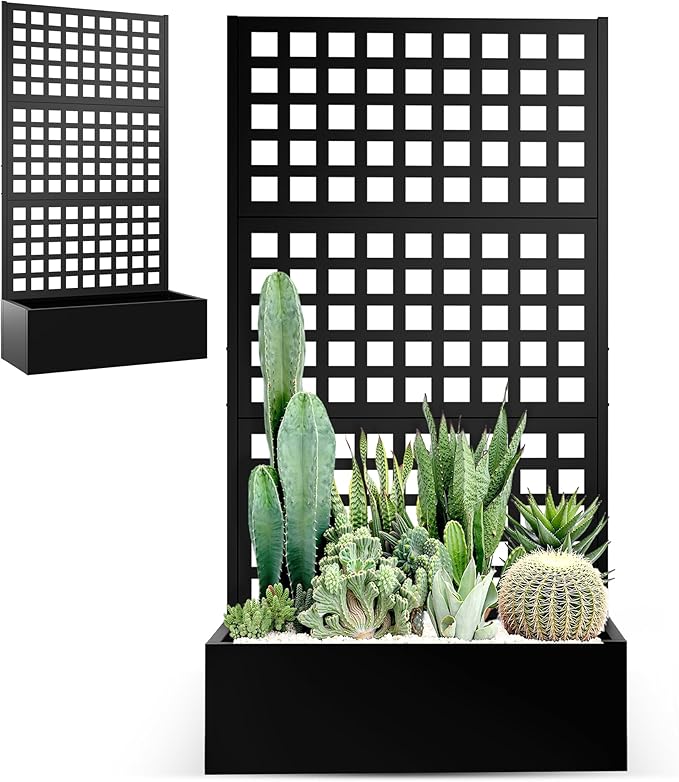 Metal Planter Box with Trellis, Raised Garden Bed for Climbing Plants，Privacy Screen with Garden Boxes，Drainage Hole for Vegetables, Flowers, Vines (35" L×16" W×71" H, Black)