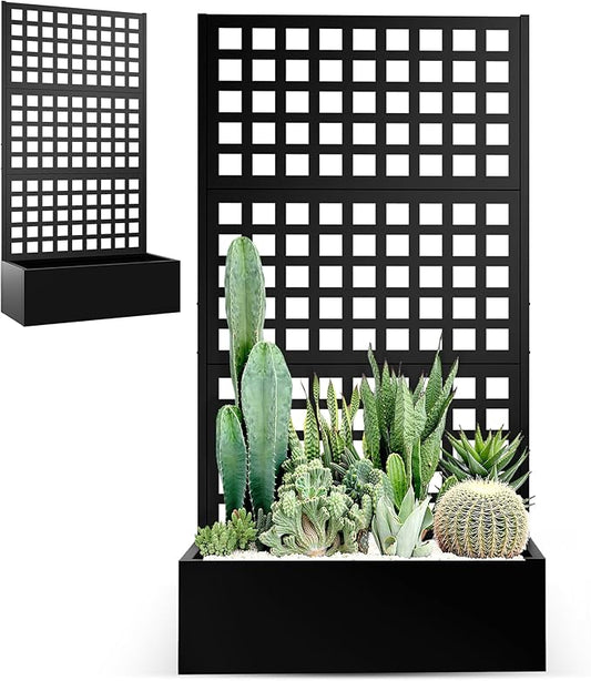 Metal Planter Box with Trellis, Raised Garden Bed for Climbing Plants，Privacy Screen with Garden Boxes，Drainage Hole for Vegetables, Flowers, Vines (35" L×16" W×71" H, Black)