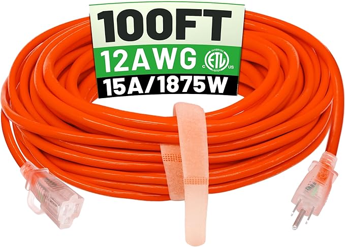POWGRN 100 ft 12/3 Outdoor Extension Cord Waterproof Heavy Duty with Lighted Indicator End 12 Gauge 3 Prong, Flexible Cold-Resistant Long Power Cord Outside, 15Amp 1875W SJTW Orange ETL Listed