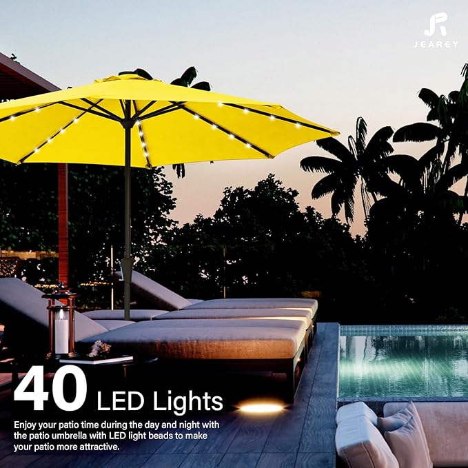 JEAREY 11' Lighted Patio Umbrellas Outdoor Solar Table Market Umbrella w/Crank, 8 Sturdy Ribs, UV Protection Waterproof Sunproof(Yellow)