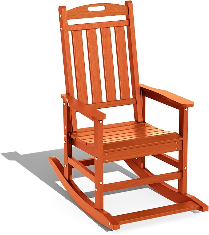 LOUNZY Outdoor Rocking Chair, HDPE Patio Rocking Chair with Footboard for Adults, All Weather Heavy Duty Front Porch Rocker, Orange