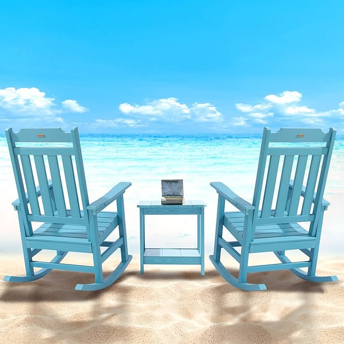 Rocking Chairs Set of 2, All Weather Resistant Poly Lumber Outdoor Porch Rocker, Rocking Chairs for Outdoor, Indoor, Patio, Deck, Garden, Backyard, Load Bearing 380 lbs - Lake Blue