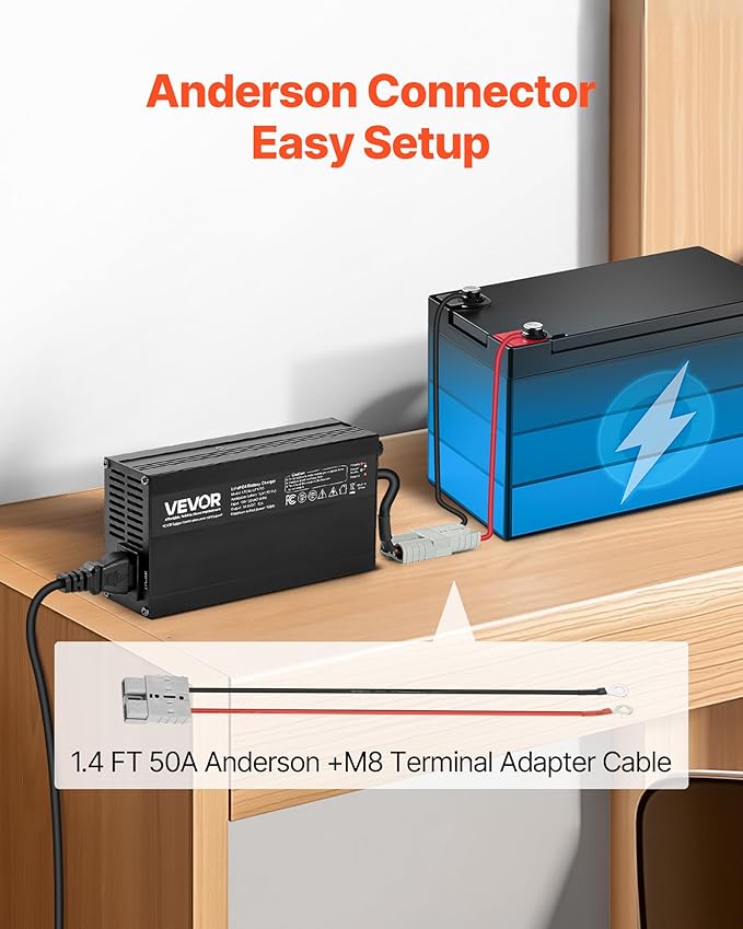 VEVOR 12V 10A Lithium Battery Charger, 14.6V, AC-DC LiFePO4 Smart Charger, with Anderson Connector, LED Indicator, 0V Activation, for Lithium LiFePO4 Deep Cycle Rechargeable Batteries of Boat, RV