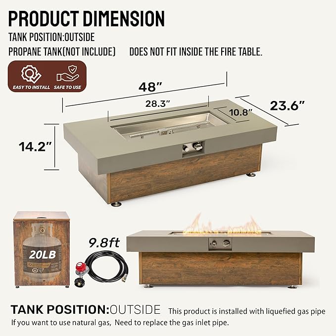 Outdoor Propane Fire Pit – 48" Fire Table with 50,000 BTU, Modern Propane Fire Pit with Adjustable Flame & Matching 20 lb Tank Stand for Patio, Garden, Deck