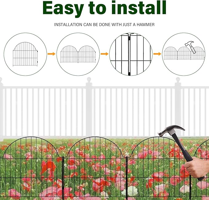 Decorative Metal Garden Fence 6 Panels, 25in (H) x 12.2ft (L) No Dig Outdoor Dog Fence Panels, Easy Install Temporary Fencing for Yard, Rustproof Wire Garden Border