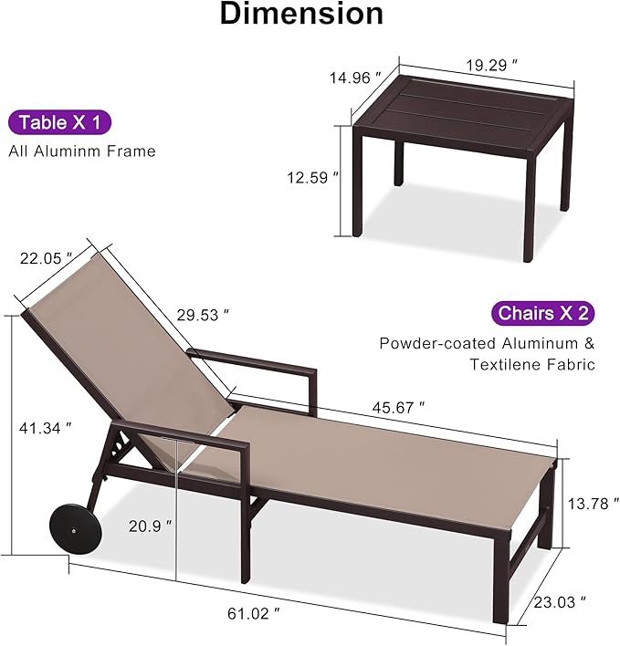 PURPLE LEAF Pool Lounge Chairs Set of 3 Aluminum Outdoor Lounge Chairs with Wheels and Armrests Adjustable Patio for Deck Outside Lawn Garden, Taupe