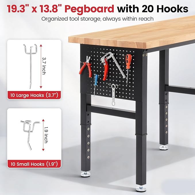 Work Bench 84 x 24 Inch Adjustable Height Rubber Wood Top Work Table 5000 Lbs Load Capacity Workstation with Power Outlets & Extended Pegboard for Garage, Workshop, Home, Office
