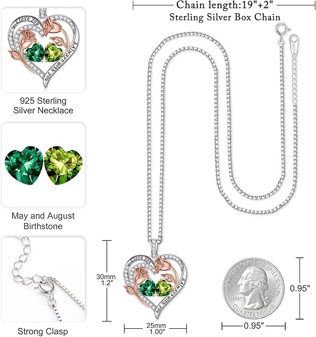 Iefil Christmas Gifts for Women Wife - 925 Sterling Silver Rose Heart Birthstone Necklace Birthday Anniversary Jewelry Gifts for Her Wife Mom Daughter