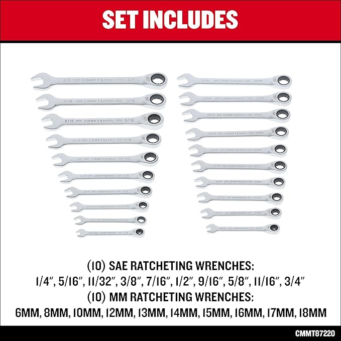 CRAFTSMAN 20 Piece Ratcheting Combination Wrench Set, SAE/Metric (CMMT87220)