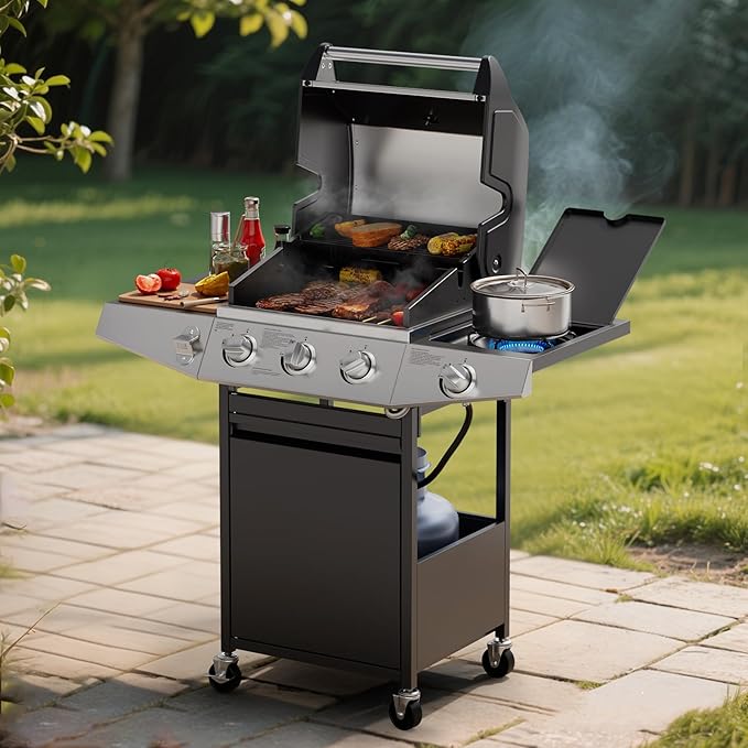 3 Burner Gas Grill with Side Burner,Stainless Steel Propane Grill Outdoor BBQ Grill with Oil Tray and Built-in Thermometer for Outdoor Barbecue, Camping, Patio, Backyard, 39,000 BTU