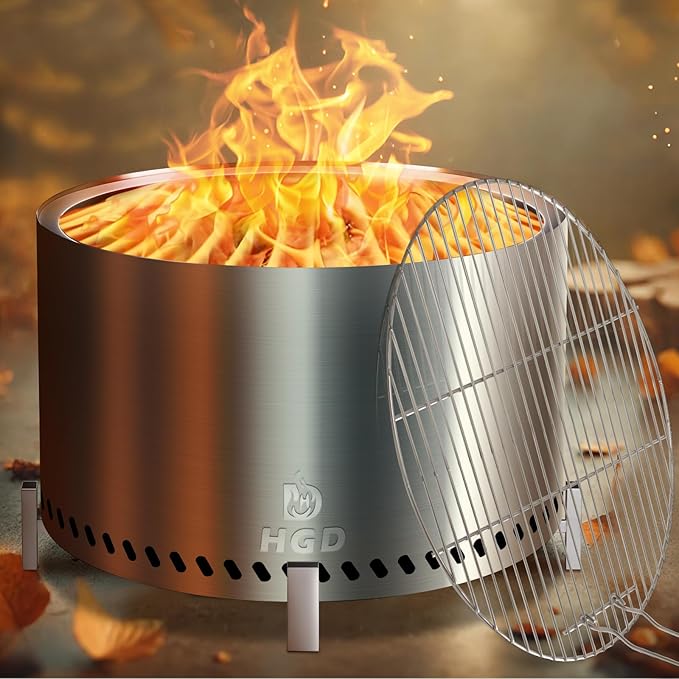 HGD 27.5" Smokeless Fire Pit Outdoor, Stainless Steel Wood Burning Firepit with Secondary Combustion, Backyard Patio Stove for Garden, BBQ & Bonfire