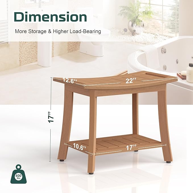 HIPS Shower Benches for Inside Shower, Waterproof Shower Stool with Storage Shelf & Adjustable Feet, SPA Bathroom Seat Chair for Shaving Legs, Indoor or Outdoor Use, Teak