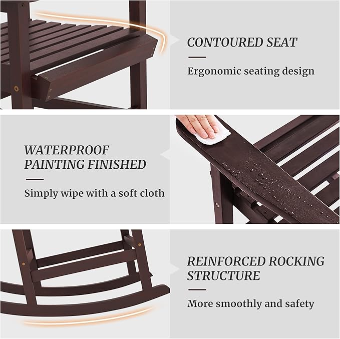 Outdoor Rocking Chairs Set of 2, Rocking Chair Outdoor All Weather Wooden Rockers, Heavy Duty 350lbs, High Back Wide Seat Patio Chairs for Porch, Backyard, Garden, Espresso
