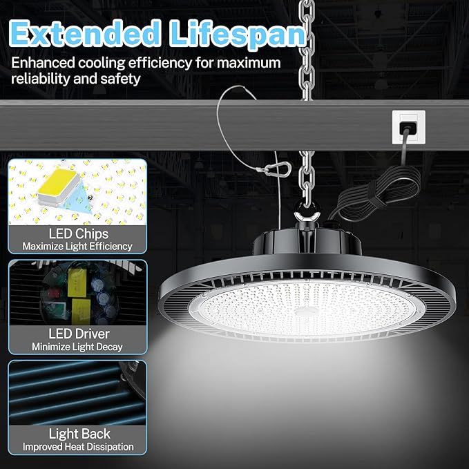THELUX Super High Bright 200W UFO LED High Bay Light 30000Lm 5000K,100V-277V with US Plug and Play High Bay LED Shop Lights for Warehouse Workshop Factory Gym Garage with FCC Certificated 4Pack