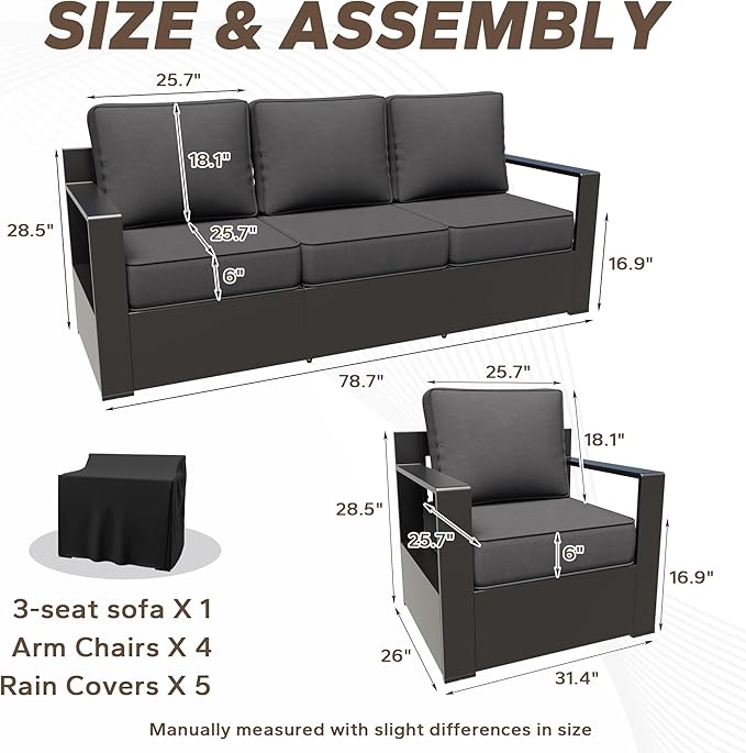 Aluminum Outdoor Conversation Furniture Set with Furniture Covers & 6" Cushions- Patio 79" Sofa with 4 Chairs & 63" Steel Propane Fireplace, 50,000 BTU Fire Pit with CSA Certified (Grey)