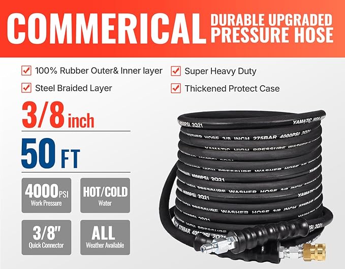 YAMATIC 3/8" Kink Resistant Pressure Washer Hose 50FT, Swivel 3/8" Quick Connector, 4000 PSI High Durability Cold Hot Water Max. 212°F, Fit Most Residential and Commercial Pressure Washer