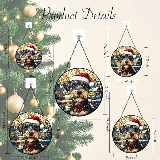 Stained Glass Window Hanging - Christmas Dog on Snowy Streets Suncatcher fof Garden Home Decor for Women Mon Grandma Friends