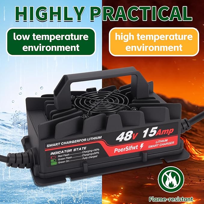 58.4V 15A Lithium Battery Charger for 48V Lifepo4 Battery Packs with Waterproof M8 Connector, LED Indicator, 6 Protections, Fast Charging, for Forklift & Solar Storage